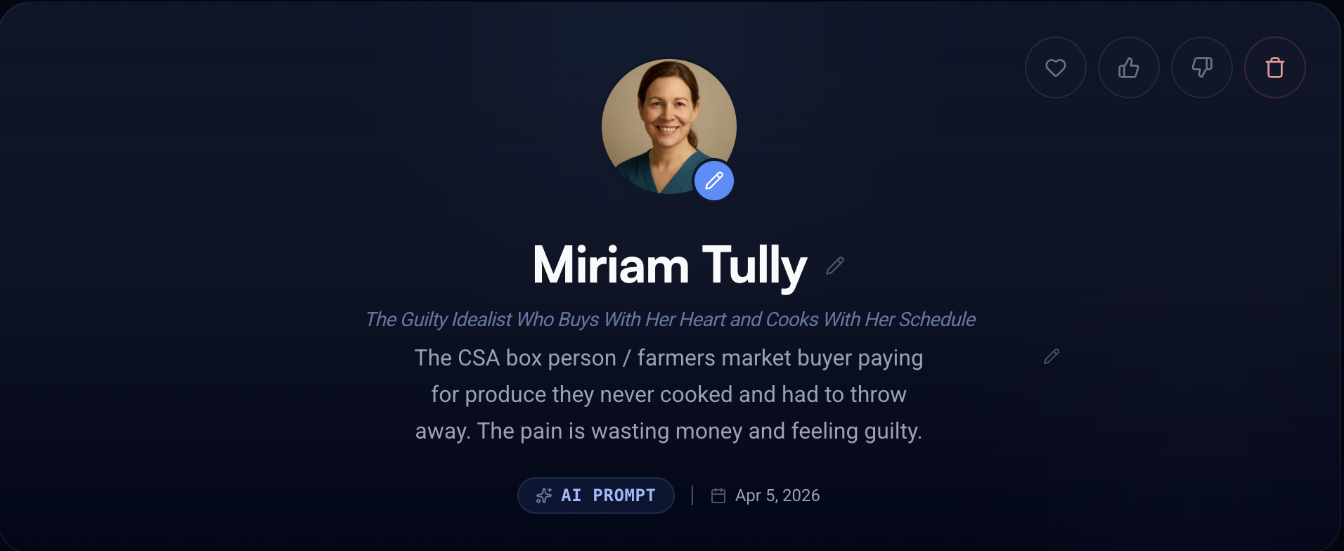DataDisco persona detail page showing Miriam Tully — a 44-year-old dental hygienist persona generated from a short prompt.